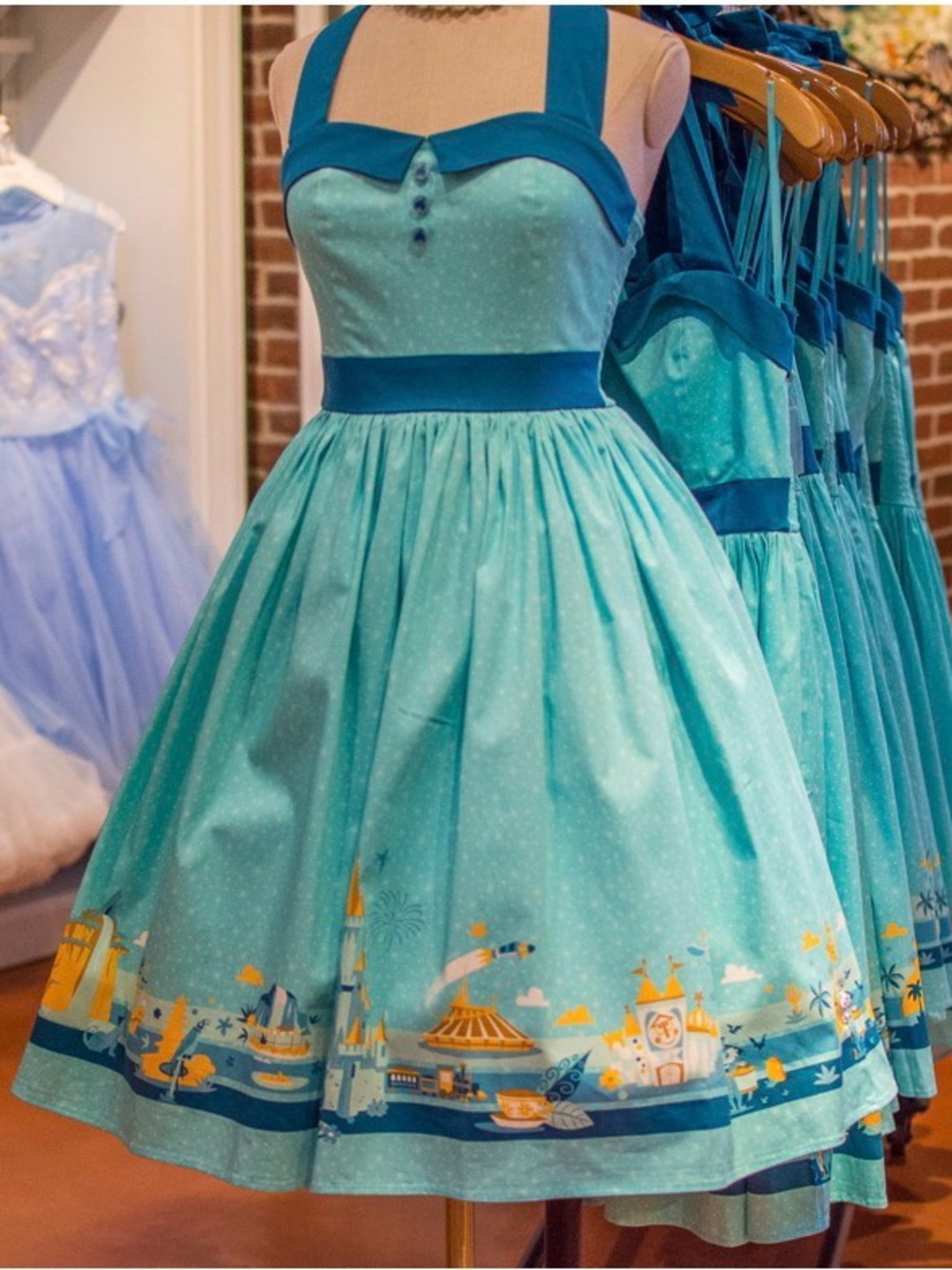 Disney Parks Dress Shop Magic Kingdom print Teal RetroFit & Flare with Border